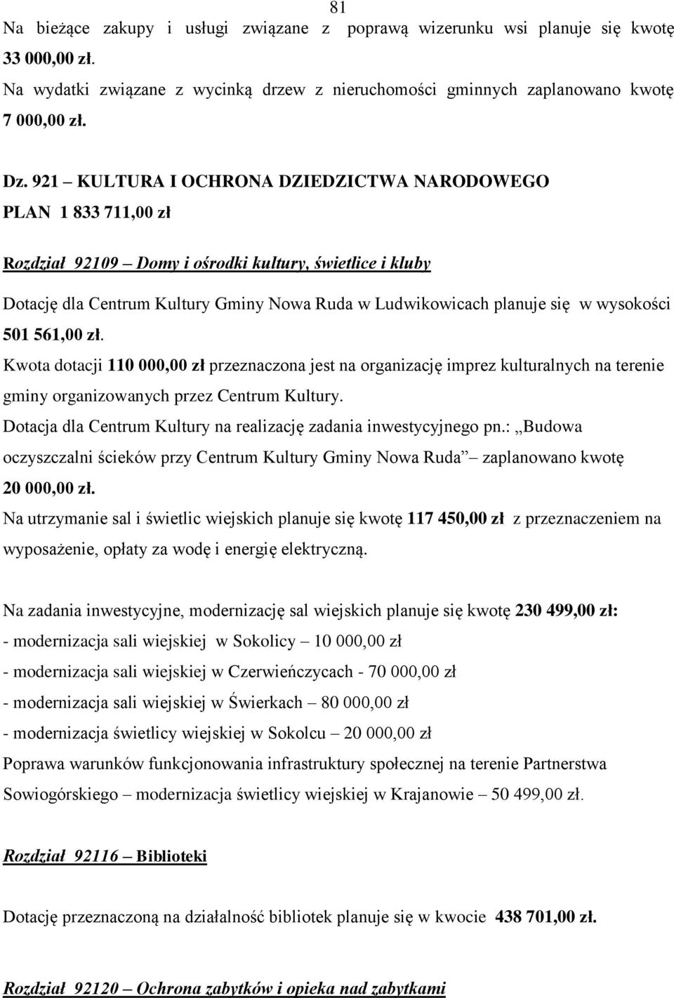 wysokości 501 561,00 zł. Kwota dotacji 110 000,00 zł przeznaczona jest na organizację imprez kulturalnych na terenie gminy organizowanych przez Centrum Kultury.