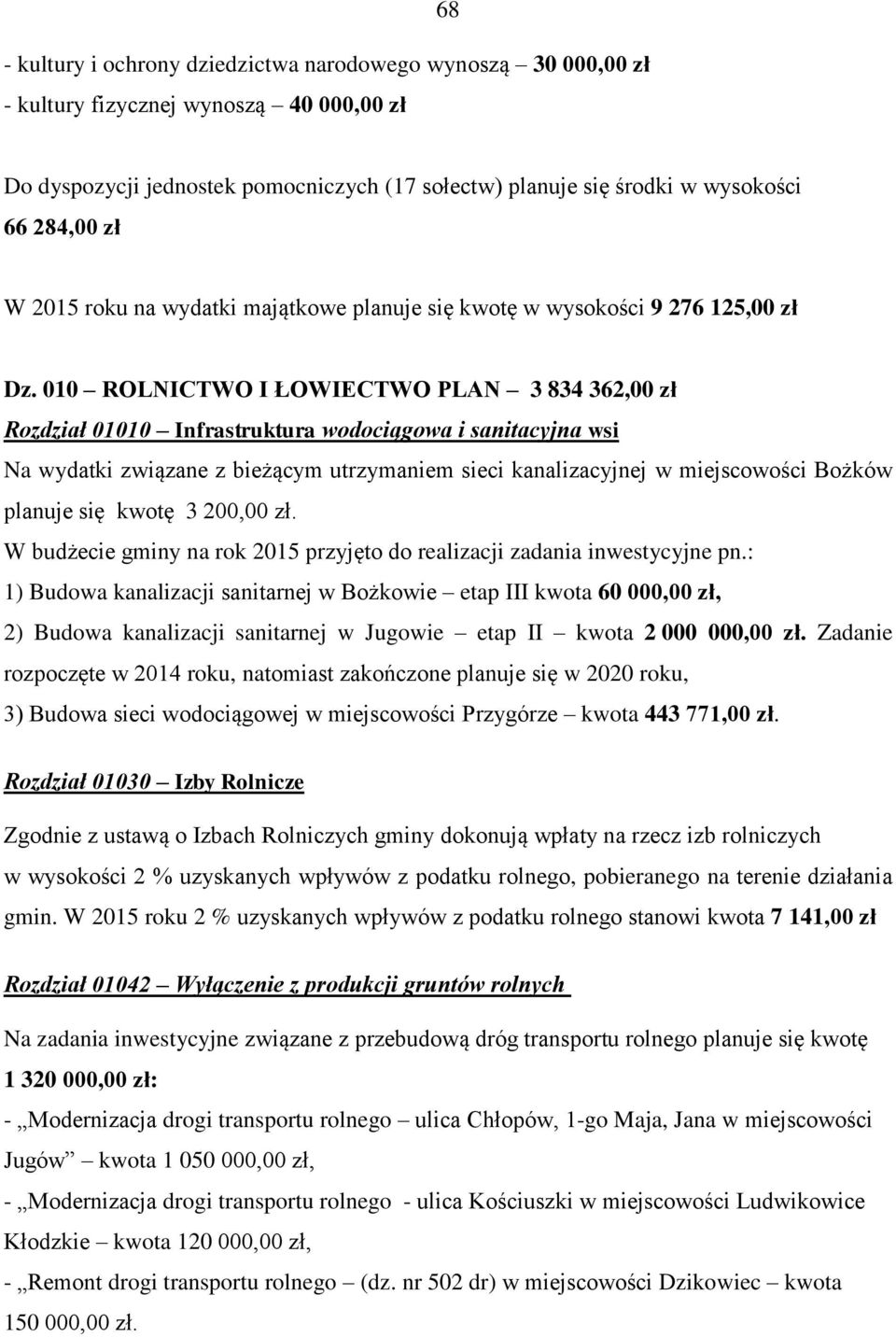 010 ROLNICTWO I ŁOWIECTWO PLAN 3 834 362,00 zł Rozdział 01010 Infrastruktura wodociągowa i sanitacyjna wsi Na wydatki związane z bieżącym utrzymaniem sieci kanalizacyjnej w miejscowości Bożków