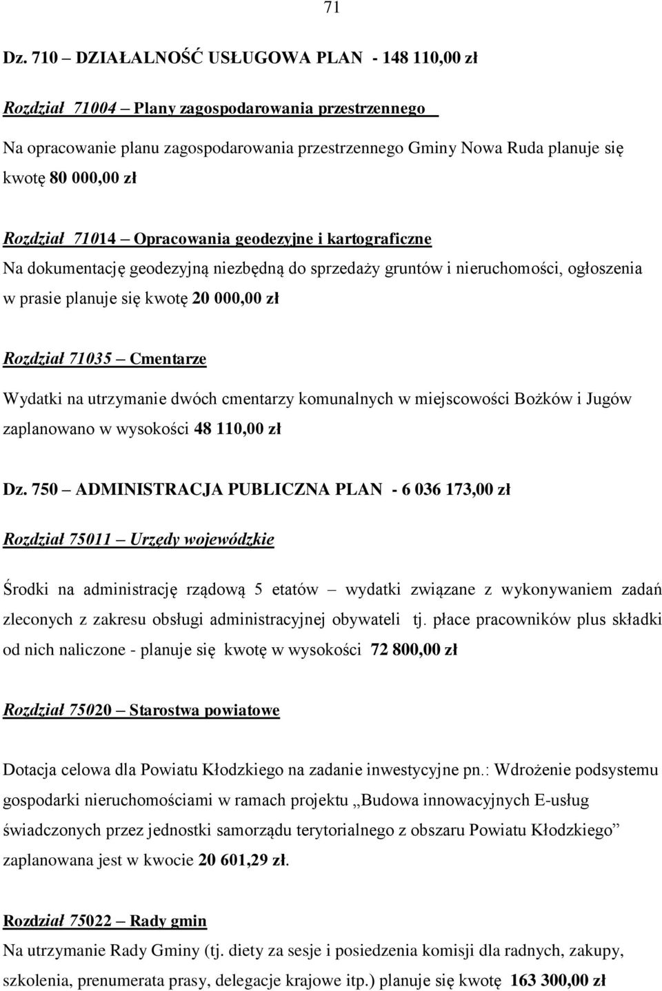 Rozdział 71014 Opracowania geodezyjne i kartograficzne Na dokumentację geodezyjną niezbędną do sprzedaży gruntów i nieruchomości, ogłoszenia w prasie planuje się kwotę 20 000,00 zł Rozdział 71035