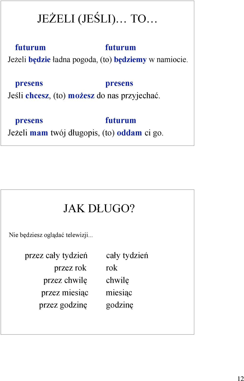 presens futurum Jeżeli mam twój długopis, (to) oddam ci go. JAK DŁUGO?