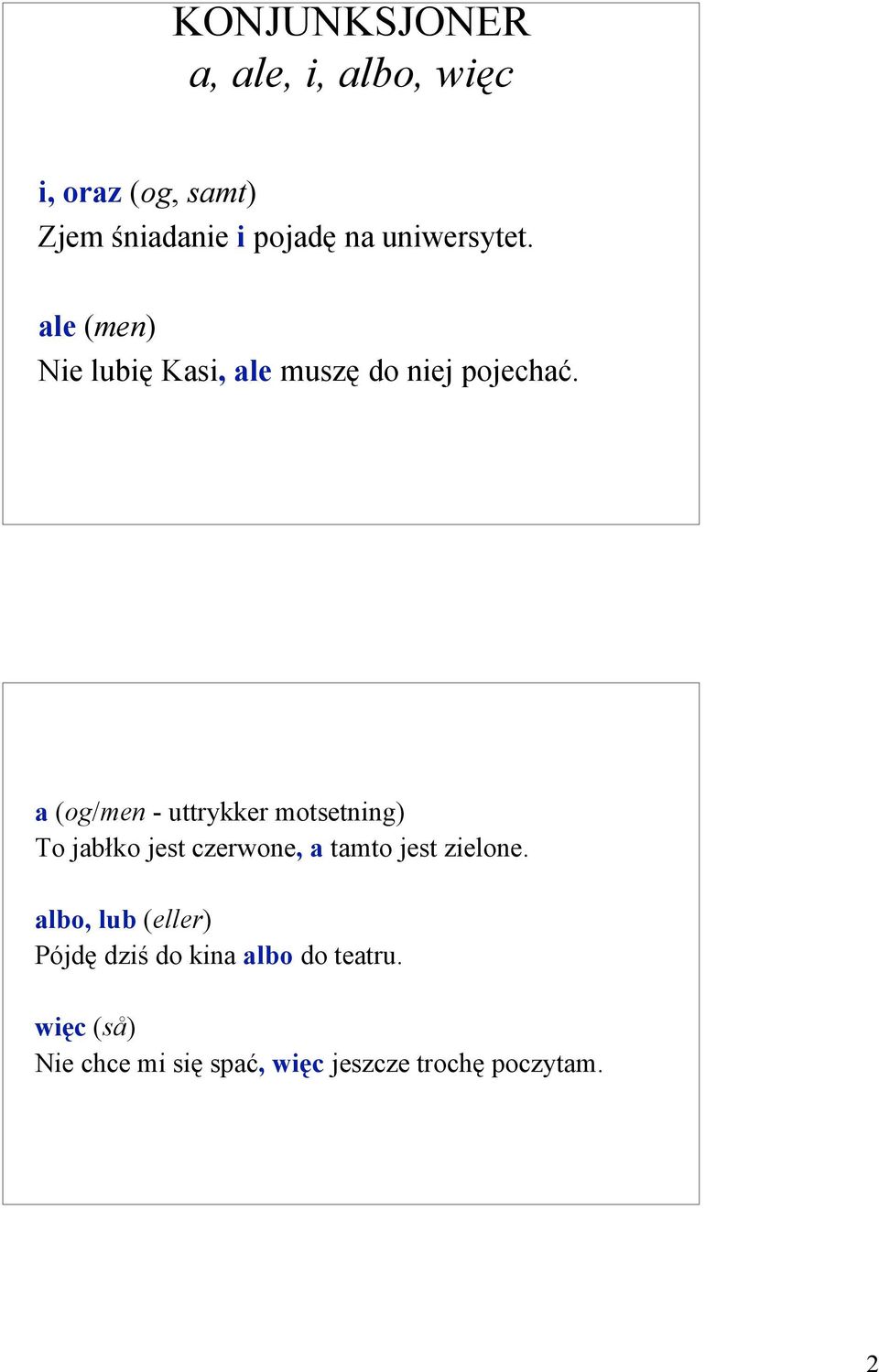 a (og/men - uttrykker motsetning) To jabłko jest czerwone, a tamto jest zielone.