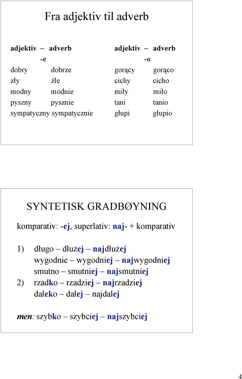 GRADBØYNING komparativ: -ej, superlativ: naj- + komparativ 1) długo dłużej najdłużej wygodnie wygodniej