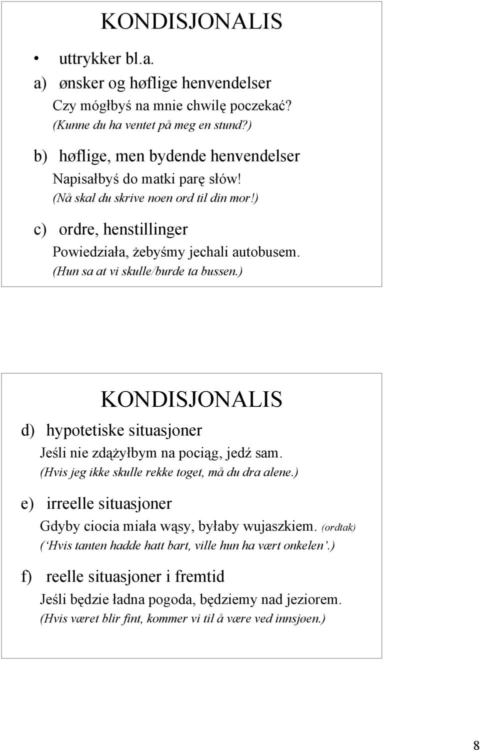 (Hun sa at vi skulle/burde ta bussen.) KONDISJONALIS d) hypotetiske situasjoner Jeśli nie zdążyłbym na pociąg, jedź sam. (Hvis jeg ikke skulle rekke toget, må du dra alene.