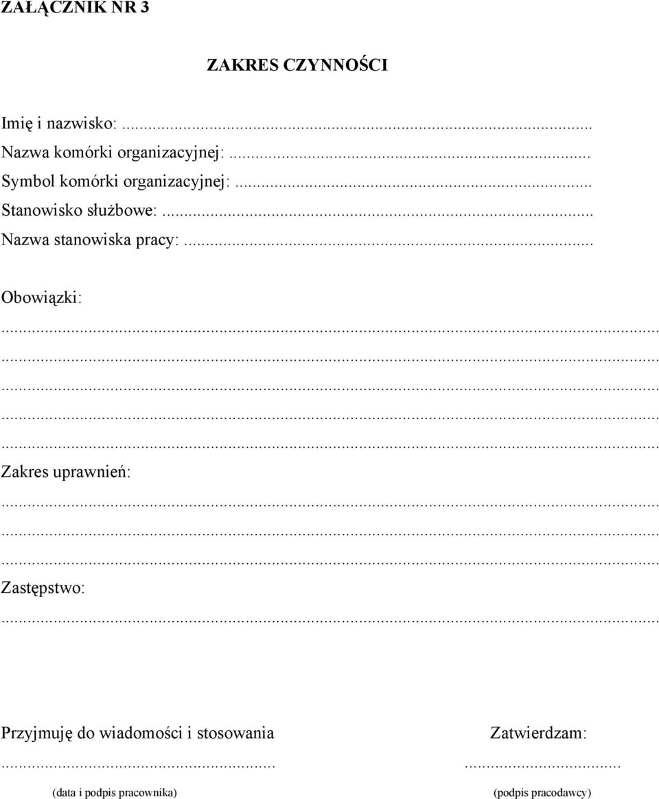 .. Obowiązki:............... Zakres uprawnień:......... Zastępstwo:.