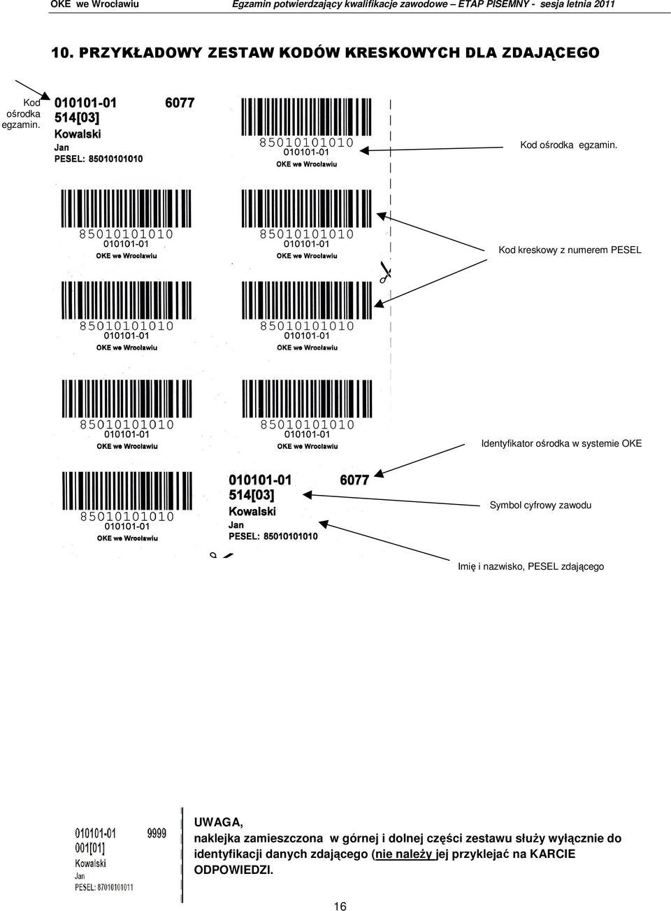 Kod kreskowy z numerem PESEL Identyfikator ośrodka w systemie OKE Symbol cyfrowy zawodu Imię i