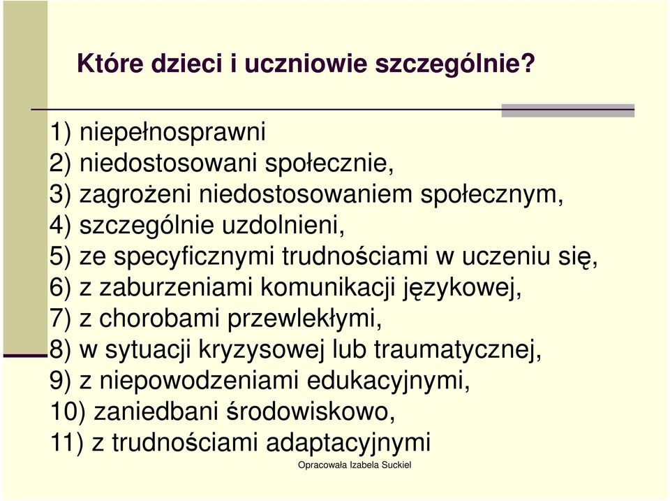 szczególnie uzdolnieni, 5) ze specyficznymi trudnościami w uczeniu się, 6) z zaburzeniami komunikacji