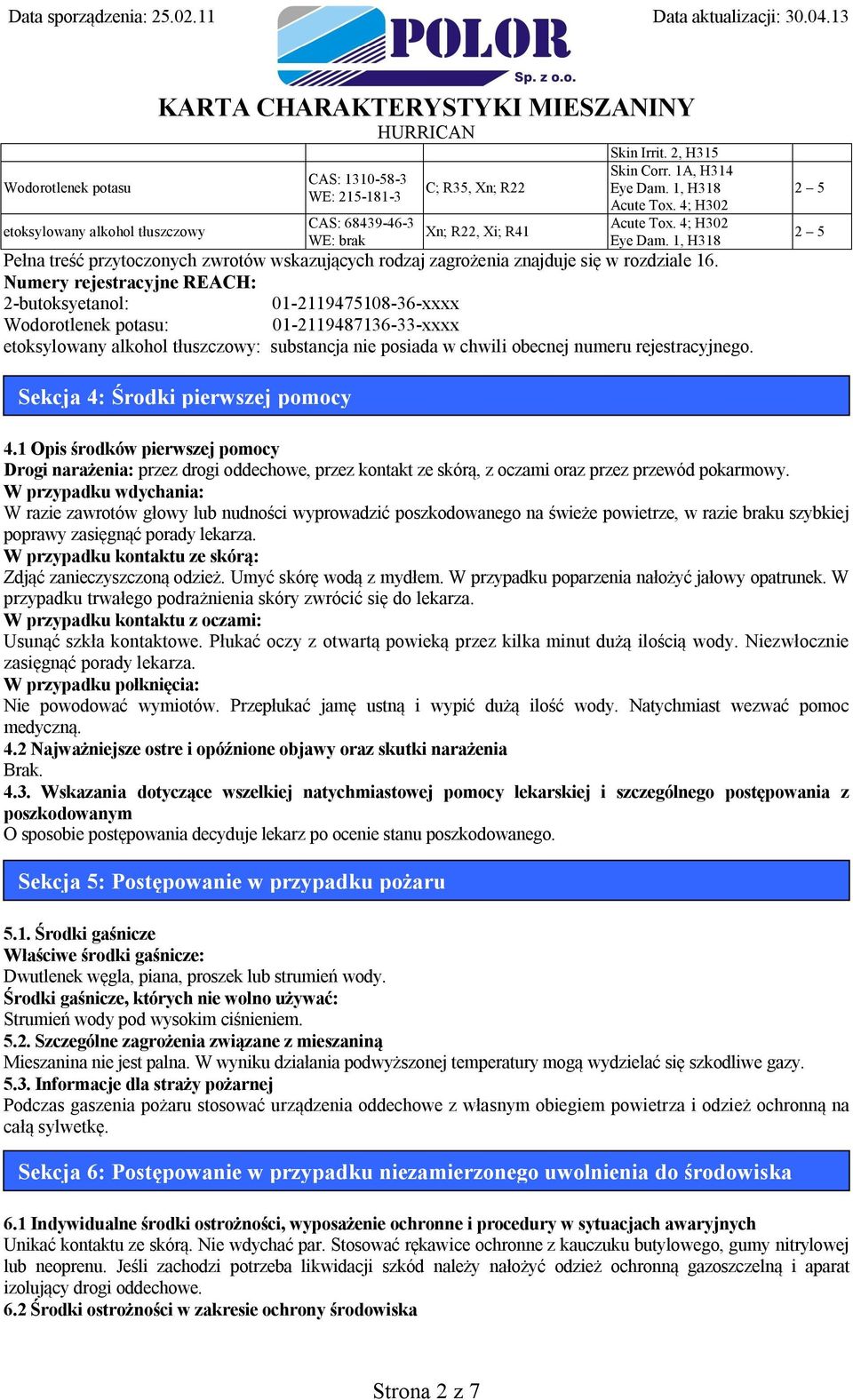 Numery rejestracyjne REACH: 2-butoksyetanol: 01-2119475108-36-xxxx Wodorotlenek potasu: 01-2119487136-33-xxxx etoksylowany alkohol tłuszczowy: substancja nie posiada w chwili obecnej numeru