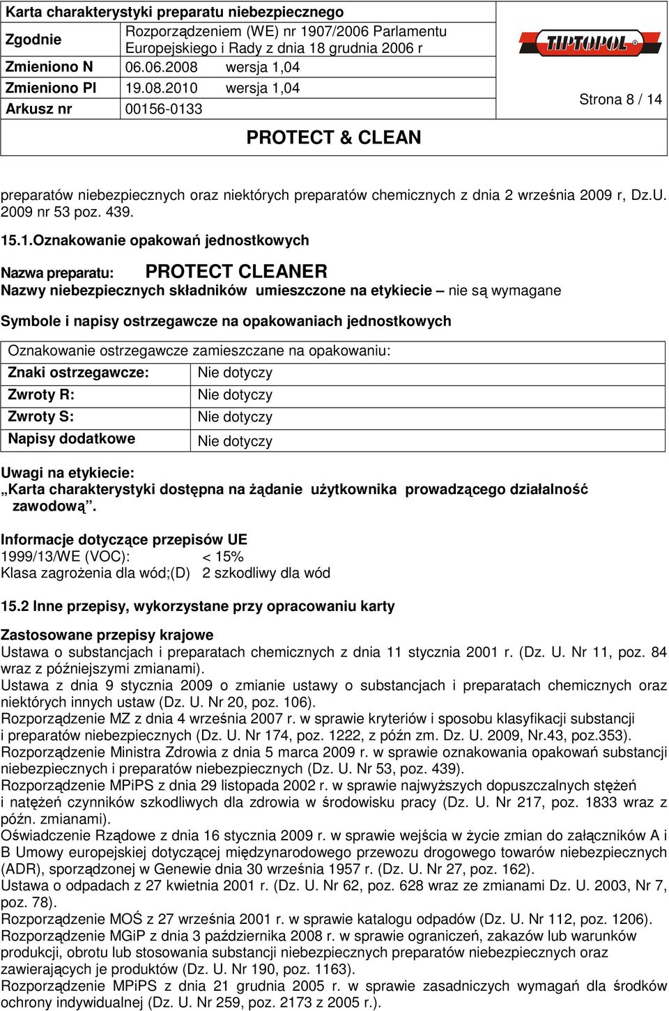 .1.Oznakowanie opakowań jednostkowych PROTECT CLEANER Nazwa preparatu: Nazwy niebezpiecznych składników umieszczone na etykiecie nie są wymagane Symbole i napisy ostrzegawcze na opakowaniach