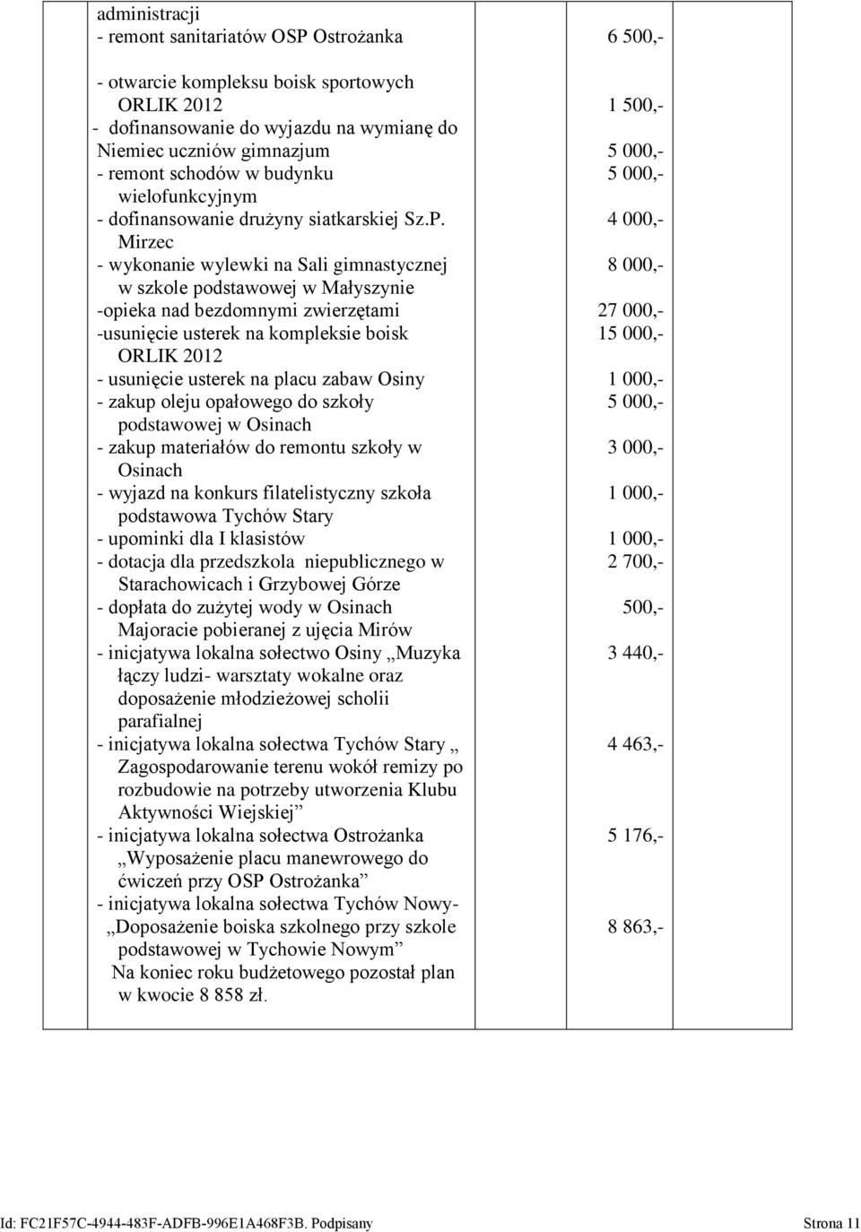 Mirzec - wykonanie wylewki na Sali gimnastycznej w szkole podstawowej w Małyszynie -opieka nad bezdomnymi zwierzętami -usunięcie usterek na kompleksie boisk ORLIK 2012 - usunięcie usterek na placu