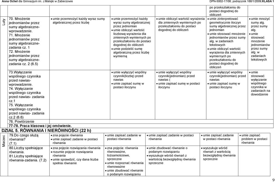 Powtórzenie 77-78. Praca klasowa i jej omówienie. przemnożyć każdy wyraz sumy algebraicznej przez liczbę DZIAŁ 5. RÓWNANIA I NIERÓWNOŚCI (22 h) 79.Do czego służą równania? (7.1) 80.