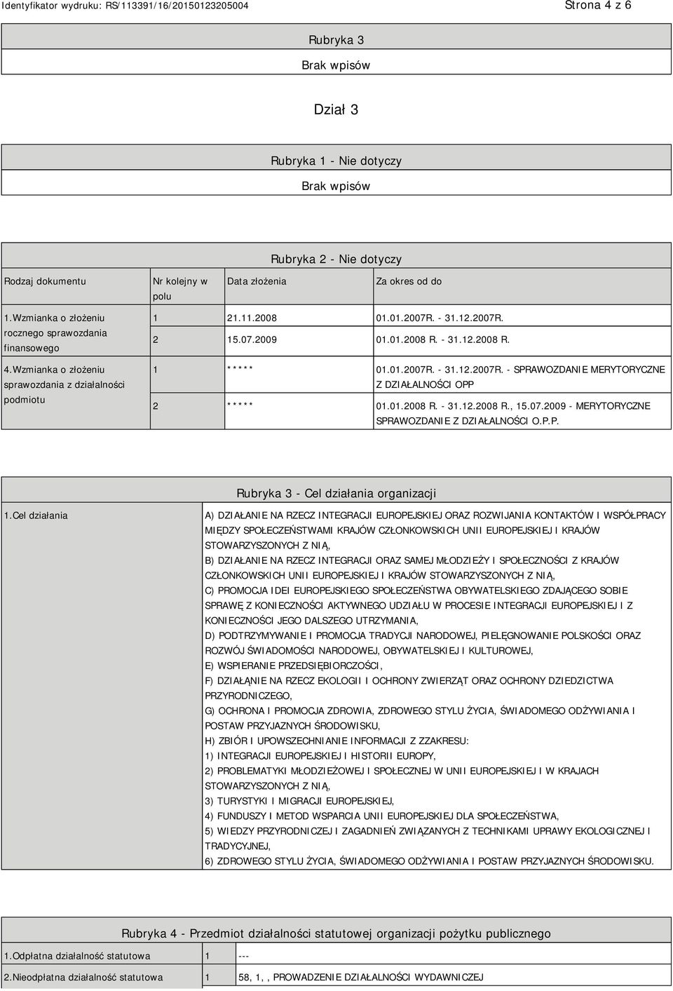 01.2007R. - 31.12.2007R. - SPRAWOZDANIE MERYTORYCZNE Z DZIAŁALNOŚCI OPP 2 ***** 01.01.2008 R. - 31.12.2008 R., 15.07.2009 - MERYTORYCZNE SPRAWOZDANIE Z DZIAŁALNOŚCI O.P.P. Rubryka 3 - Cel działania organizacji 1.