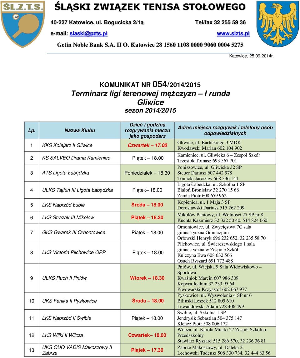 Nazwa Klubu Dzień i godzina rozgrywania jako gospodarz 1 KKS Kolejarz II Gliwice Czwartek 17.00 2 KS SALVEO Drama Kamieniec Piątek 3 ATS Ligota Łabędzka Poniedziałek 18.