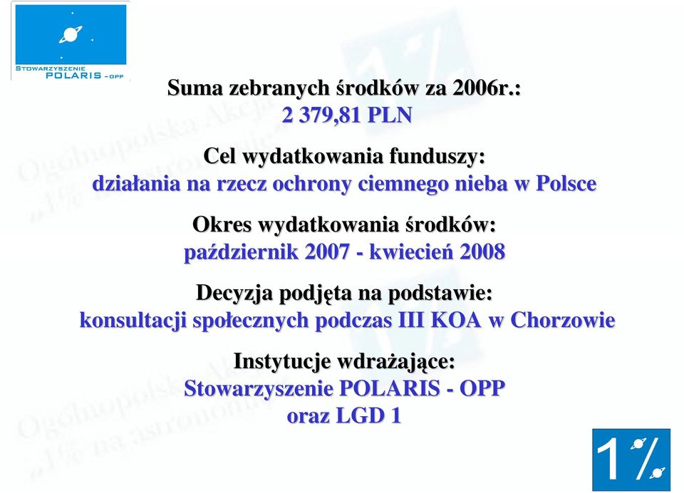 nieba w Polsce Okres wydatkowania środków: październik 2007 - kwiecień 2008