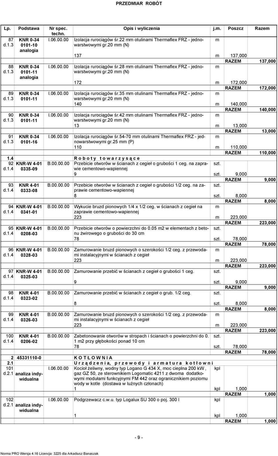 35 otulinai Theraflex FRZ - jednowarstwowyi d.1.3 0101-11 gr.20 (N) 140 140,000 RAZEM 140,000 90 KNR 0-34 Izolacja rurociągów śr.42 otulinai Theraflex FRZ - jednowarstwowyi d.1.3 0101-11 gr.20 (N) 13 13,000 RAZEM 13,000 91 KNR 0-34 Izolacja rurociągów śr.