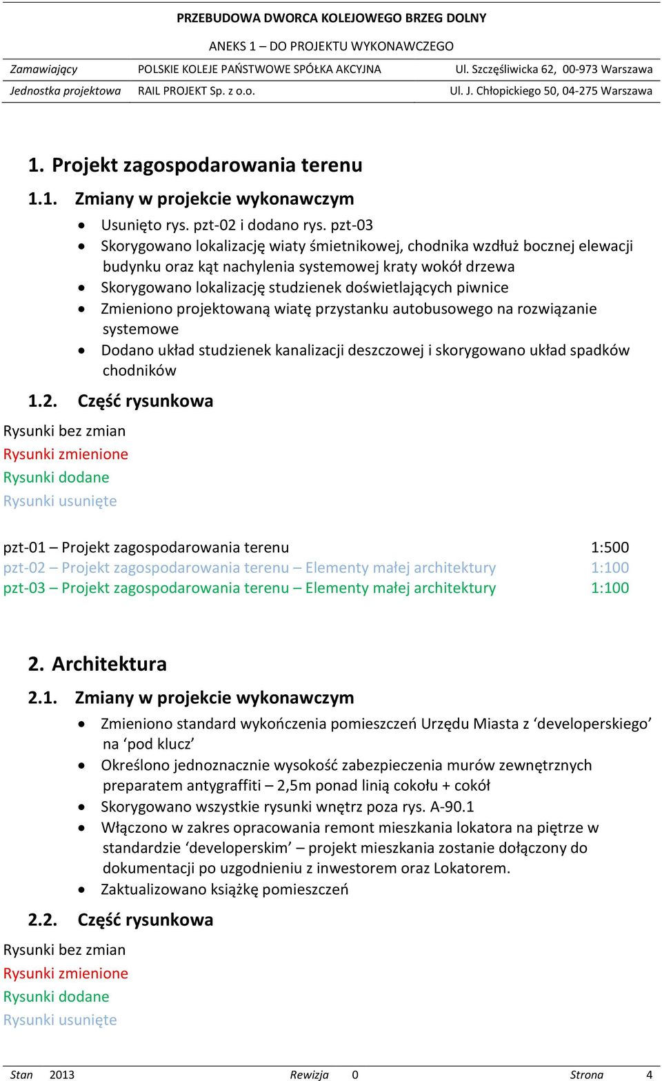 piwnice Zmieniono projektowaną wiatę przystanku autobusowego na rozwiązanie systemowe Dodano układ studzienek kanalizacji deszczowej i skorygowano układ spadków chodników 1.2.