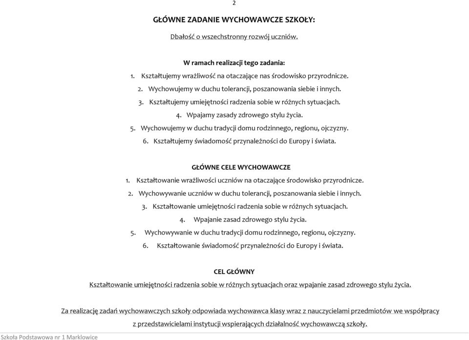 Wychowujemy w duchu tradycji domu rodzinnego, regionu, ojczyzny. 6. Kształtujemy świadomość przynależności do Europy i świata. GŁÓWNE CELE WYCHOWAWCZE 1.