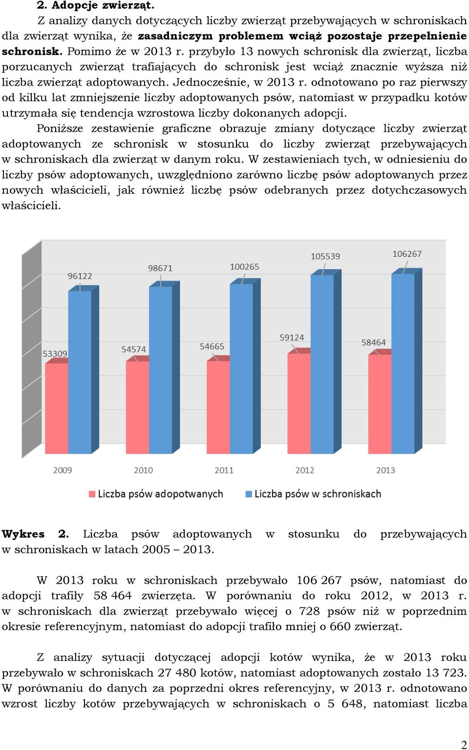 Jednocześnie, w 2013 r. odnotowano po raz pierwszy od kilku lat zmniejszenie liczby adoptowanych psów, natomiast w przypadku kotów utrzymała się tendencja wzrostowa liczby dokonanych adopcji.