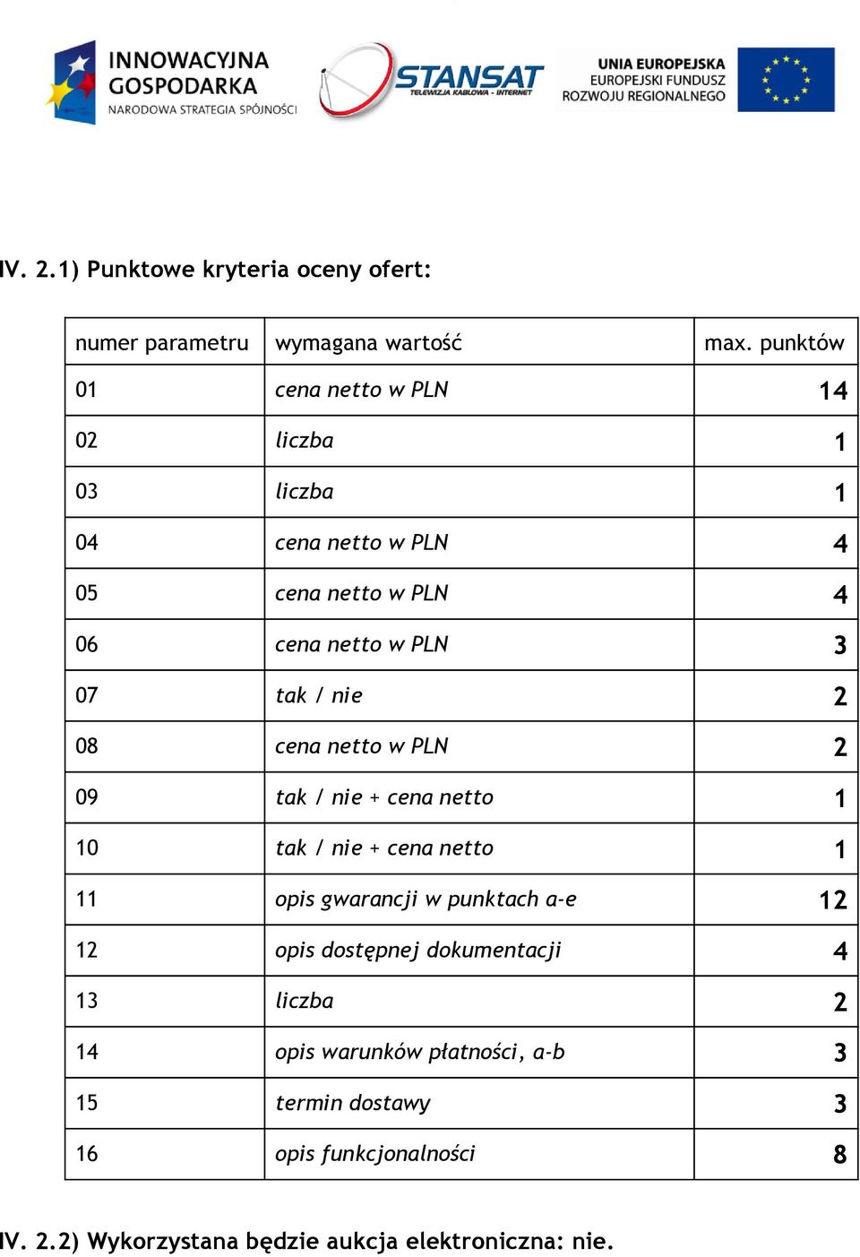 tak / nie 2 08 cena netto w PLN 2 09 tak / nie + cena netto 1 10 tak / nie + cena netto 1 11 opis gwarancji w punktach a-e 12