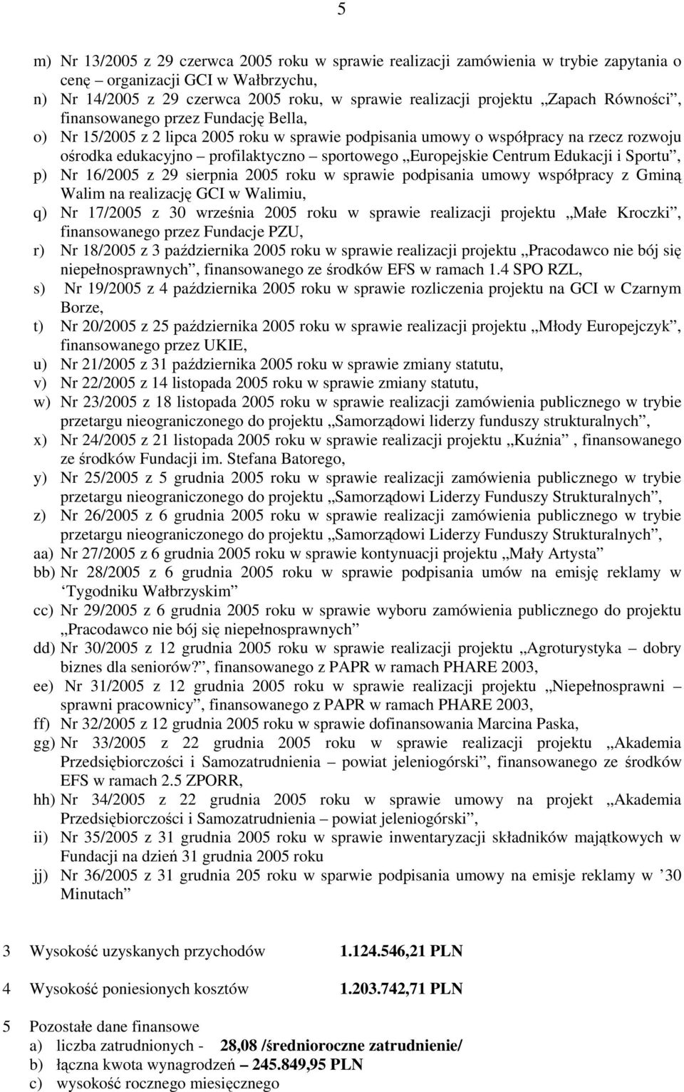Europejskie Centrum Edukacji i Sportu, p) Nr 16/2005 z 29 sierpnia 2005 roku w sprawie podpisania umowy współpracy z Gminą Walim na realizację GCI w Walimiu, q) Nr 17/2005 z 30 września 2005 roku w