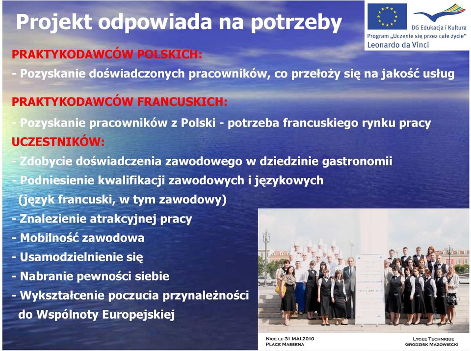 zawodowego w dziedzinie gastronomii - Podniesienie kwalifikacji zawodowych i językowych (język francuski, w tym zawodowy) - Znalezienie
