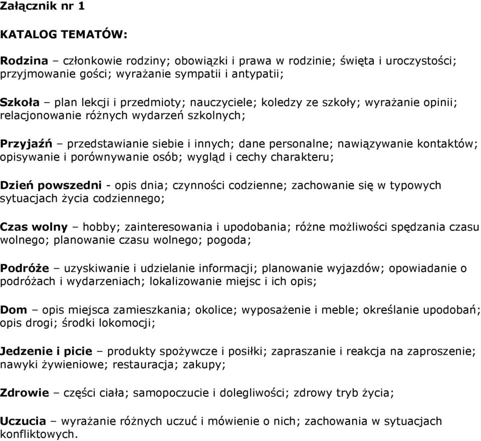 porównywanie osób; wygląd i cechy charakteru; Dzień powszedni - opis dnia; czynności codzienne; zachowanie się w typowych sytuacjach Ŝycia codziennego; Czas wolny hobby; zainteresowania i upodobania;