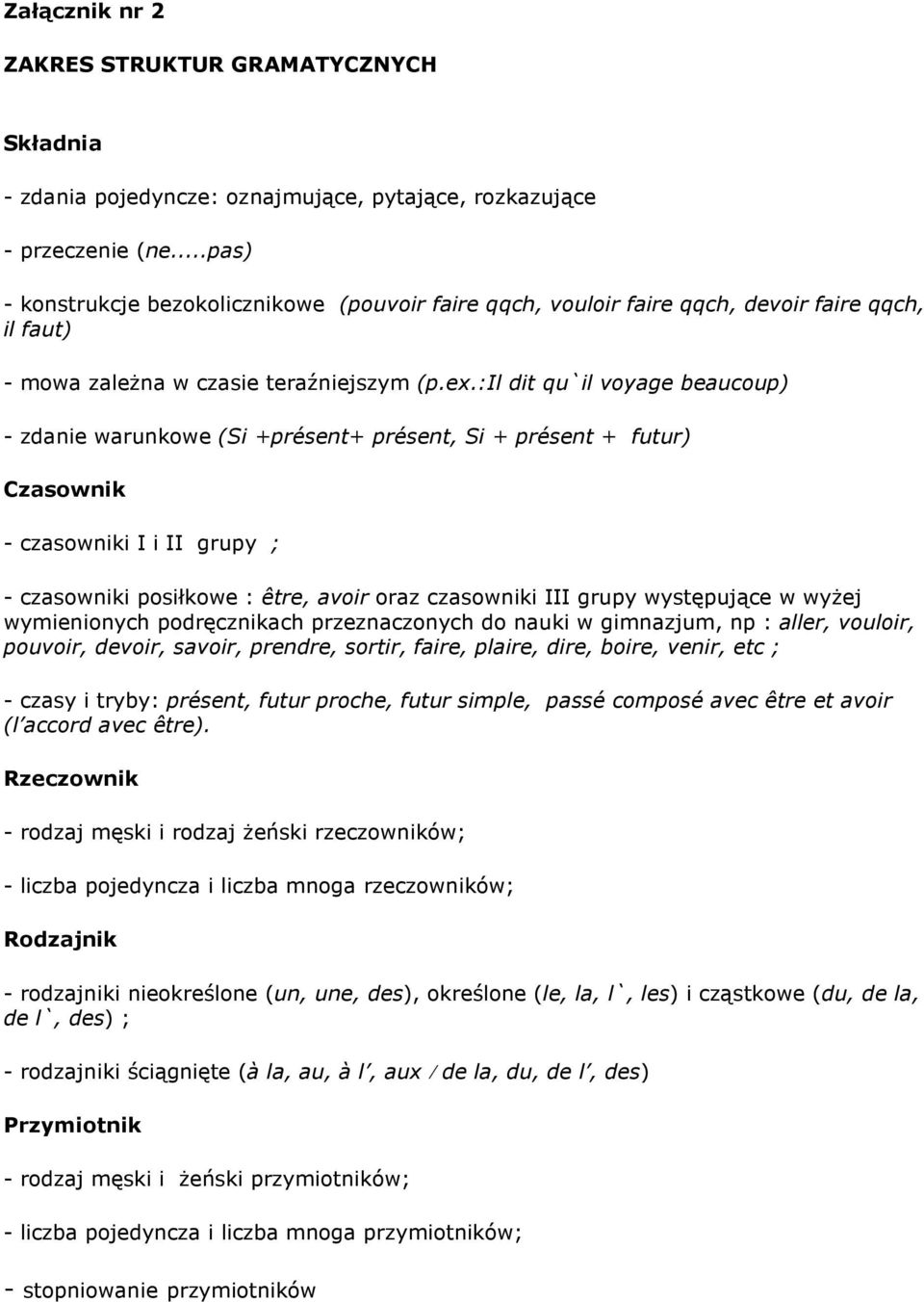 :il dit qu`il voyage beaucoup) - zdanie warunkowe (Si +présent+ présent, Si + présent + futur) Czasownik - czasowniki I i II grupy ; - czasowniki posiłkowe : être, avoir oraz czasowniki III grupy