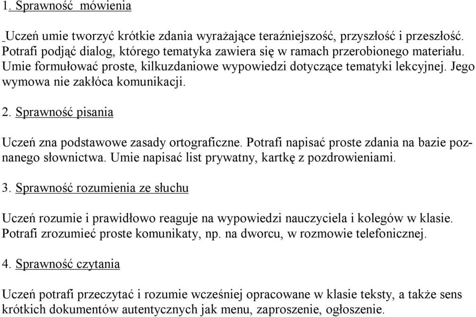 Potrafi napisać proste zdania na bazie poznanego słownictwa. Umie napisać list prywatny, kartkę z pozdrowieniami. 3.