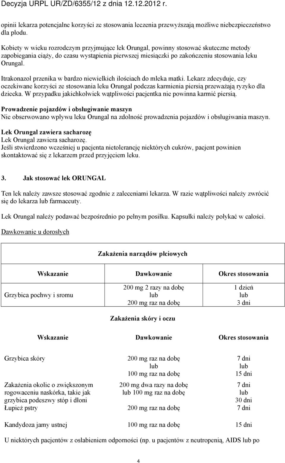 Itrakonazol przenika w bardzo niewielkich ilościach do mleka matki. Lekarz zdecyduje, czy oczekiwane korzyści ze stosowania leku Orungal podczas karmienia piersią przeważają ryzyko dla dziecka.