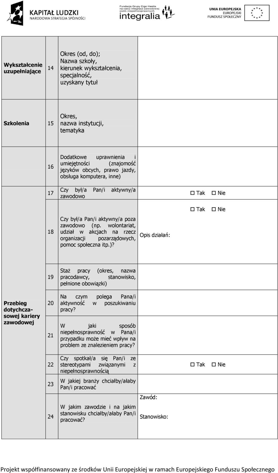 wolontariat, udział w akcjach na rzecz organizacji pozarządowych, pomoc społeczna itp.)?