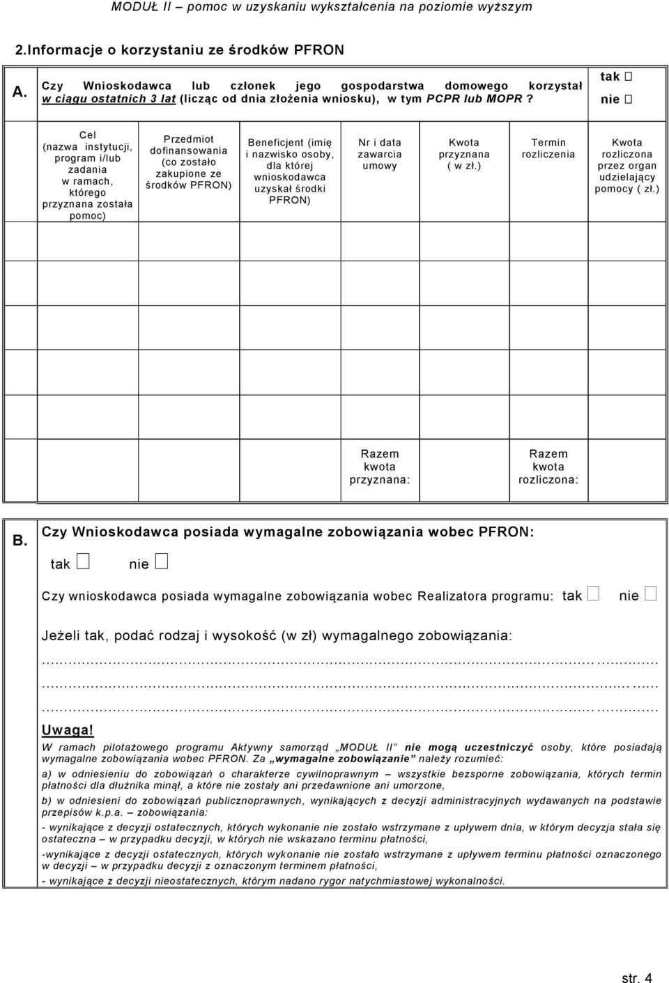 dla której wnioskodawca uzyskał środki PFRON) Nr i data zawarcia umowy Kwota przyznana ( w zł.) Termin rozliczenia Kwota rozliczona przez organ udzielający pomocy ( zł.