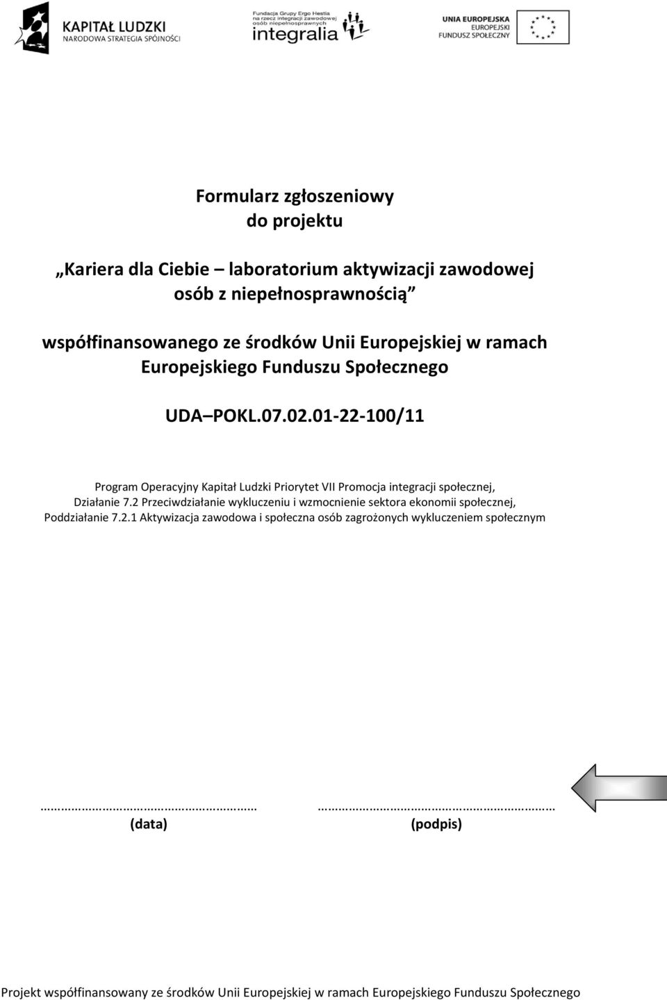 01-22-100/11 Program Operacyjny Kapitał Ludzki Priorytet VII Promocja integracji społecznej, Działanie 7.