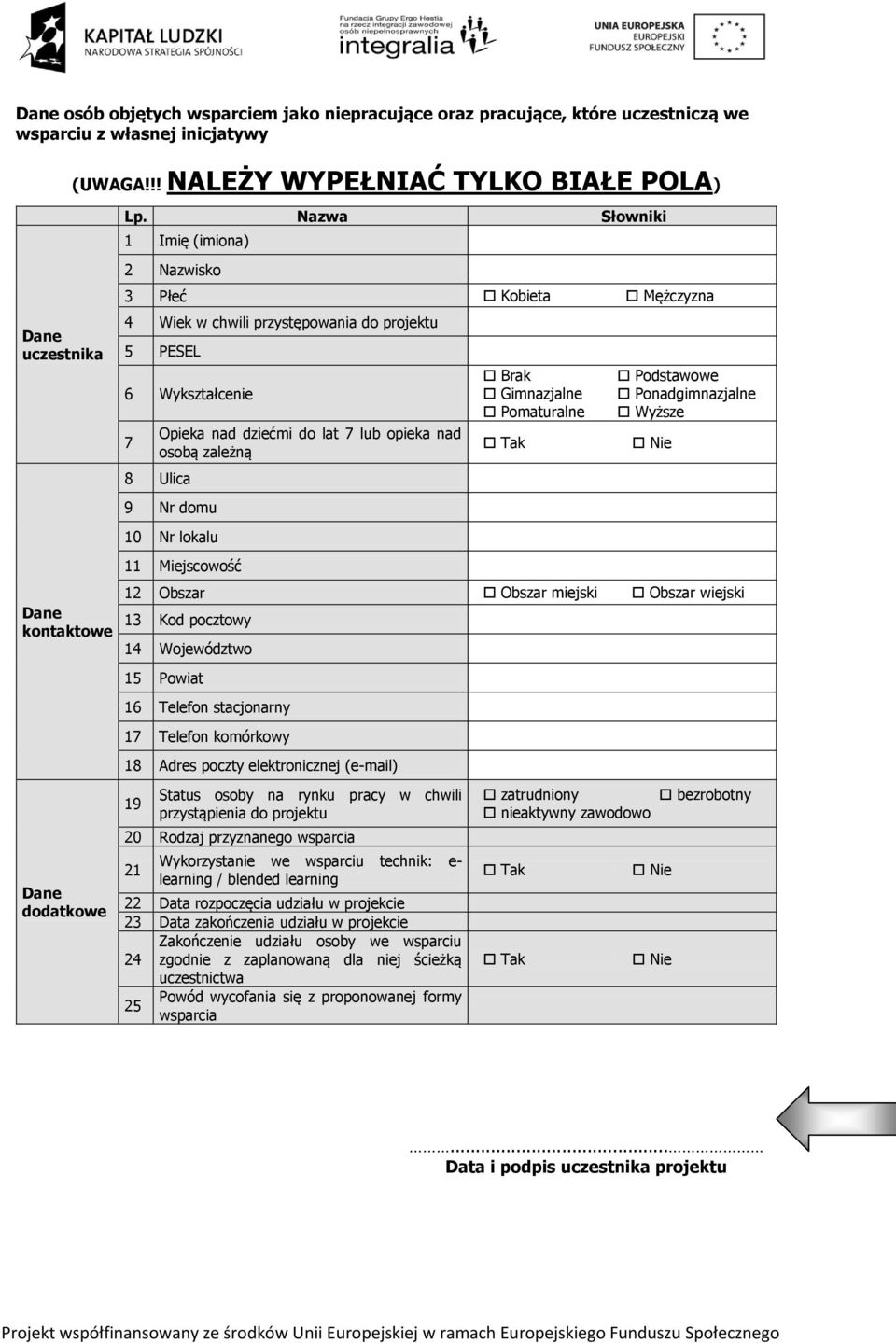 Ulica 9 Nr domu 10 Nr lokalu 11 Miejscowość Brak Gimnazjalne Pomaturalne Podstawowe Ponadgimnazjalne Wyższe 12 Obszar Obszar miejski Obszar wiejski 13 Kod pocztowy 14 Województwo 15 Powiat 16 Telefon