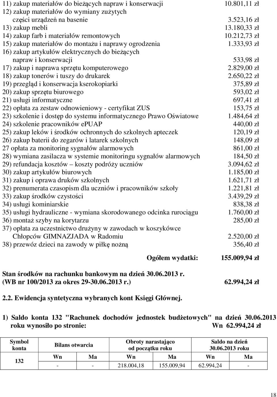 333,93 zł 16) zakup artykułów elektrycznych do bieżących napraw i konserwacji 533,98 zł 17) zakup i naprawa sprzętu komputerowego 2.829,00 zł 18) zakup tonerów i tuszy do drukarek 2.