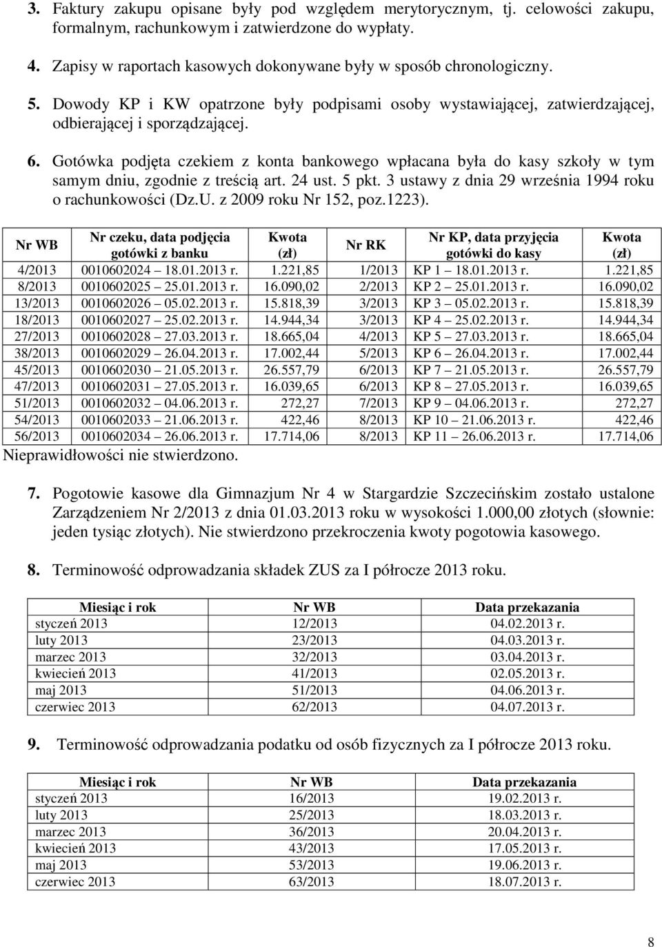 Gotówka podjęta czekiem z bankowego wpłacana była do kasy szkoły w tym samym dniu, zgodnie z treścią art. 24 ust. 5 pkt. 3 ustawy z dnia 29 września 1994 roku o rachunkowości (Dz.U.