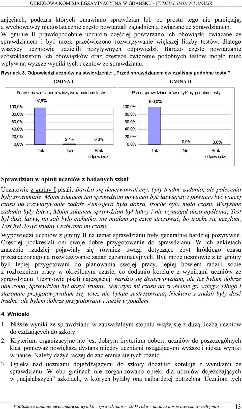 pozytywnych odpowiedzi. Bardzo częste powtarzanie szóstoklasistom ich obowiązków oraz częstsze ćwiczenie podobnych testów mogło mieć wpływ na wyższe wyniki tych uczniów ze sprawdzianu. Rysunek 8.