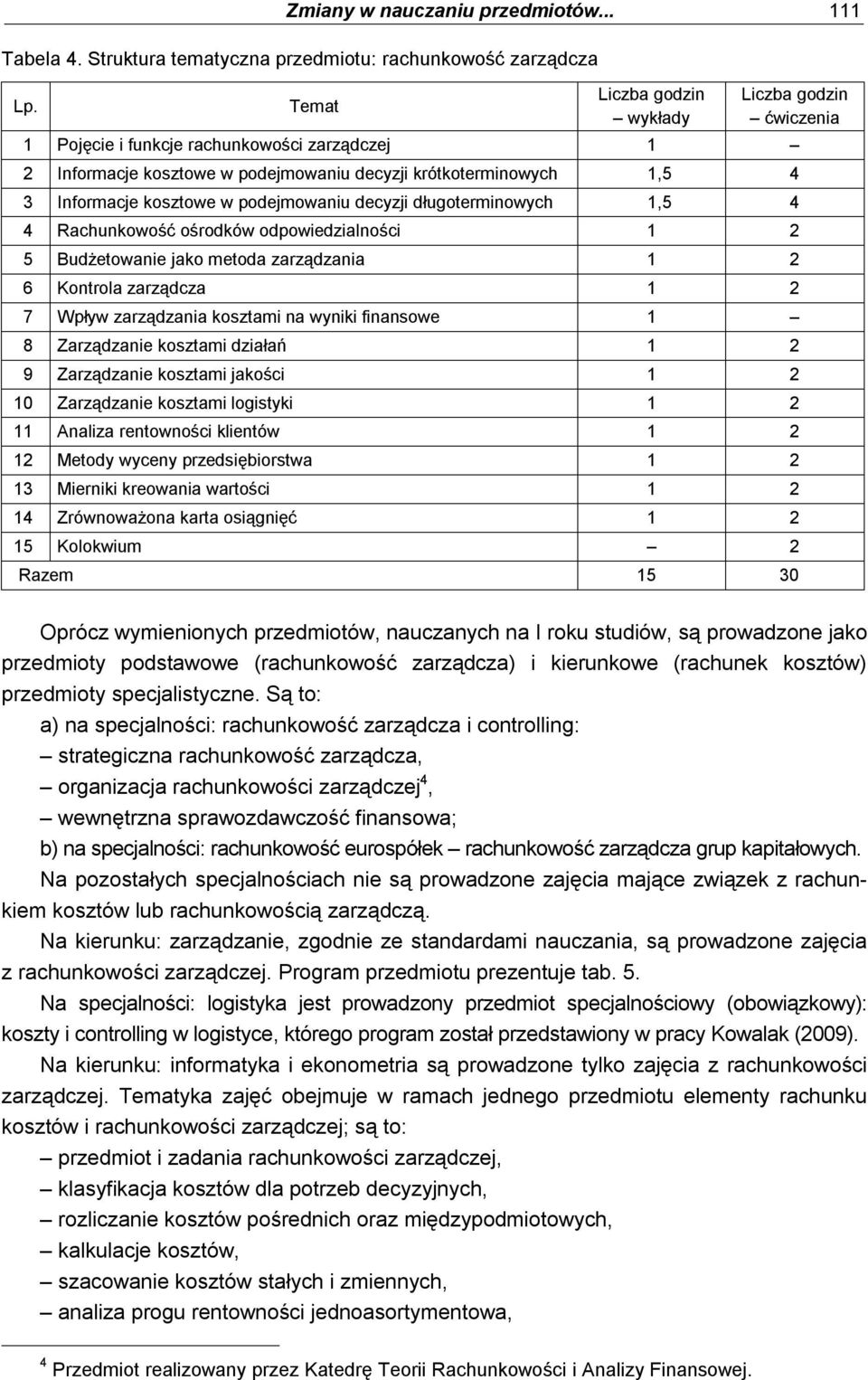 Informacje kosztowe w podejmowaniu decyzji długoterminowych 1,5 4 4 Rachunkowość ośrodków odpowiedzialności 1 2 5 Budżetowanie jako metoda zarządzania 1 2 6 Kontrola zarządcza 1 2 7 Wpływ zarządzania