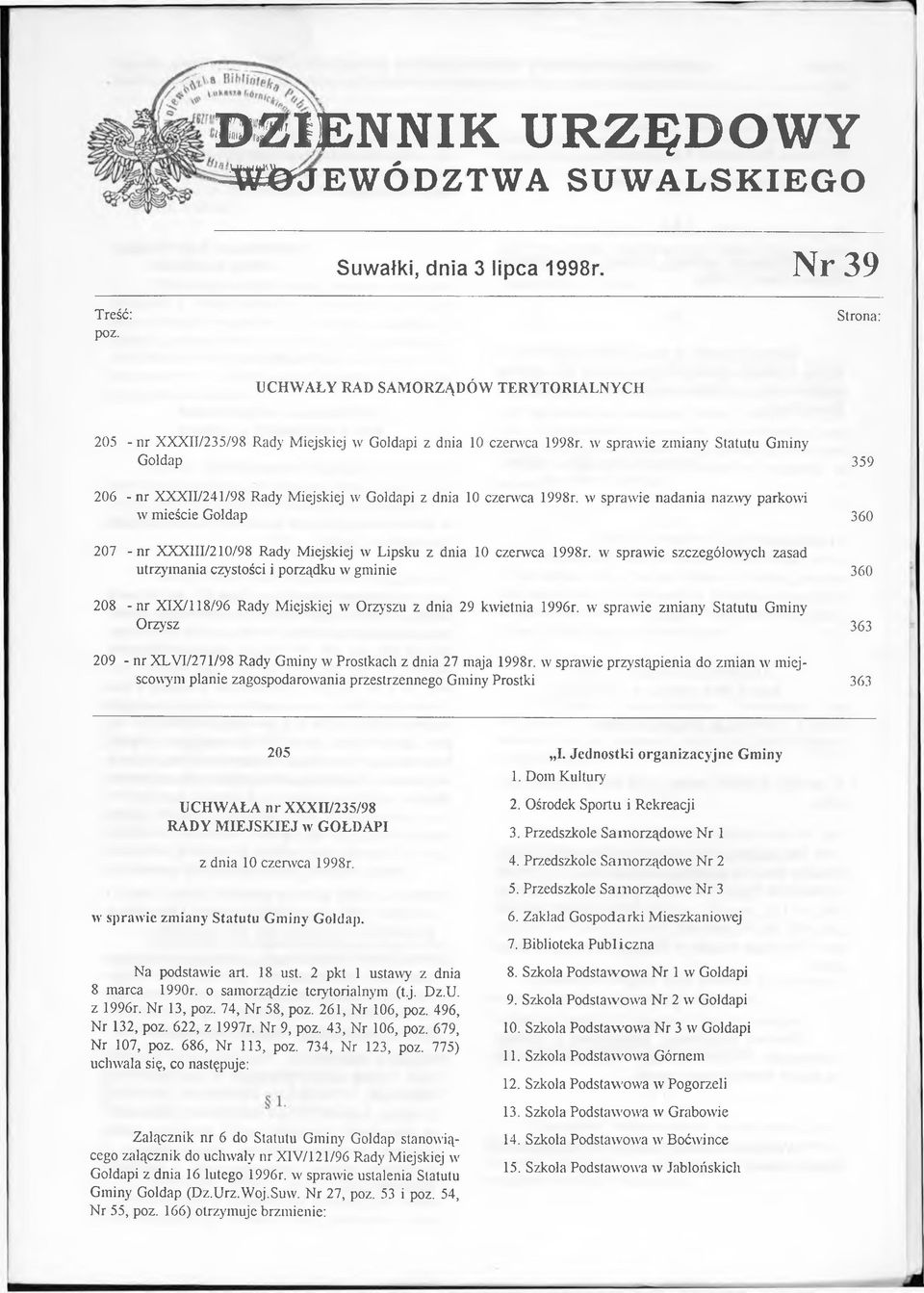 w sprawie zmiany Statutu Gminy Gołdap 359 206 -n r XXXII/241/98 Rady Miejskiej w Gołdapi z dnia 10 czerwca 1998r.