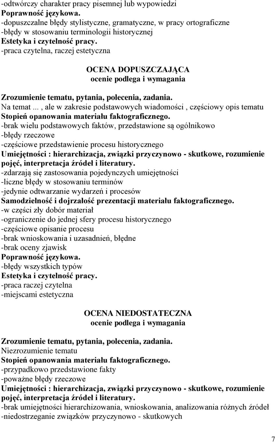 .., ale w zakresie podstawowych wiadomości, częściowy opis tematu -brak wielu podstawowych faktów, przedstawione są ogólnikowo -błędy rzeczowe -częściowe przedstawienie procesu historycznego