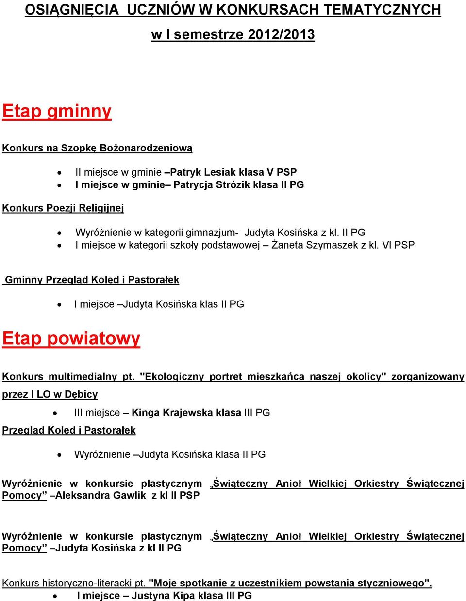 VI PSP Gminny Przegląd Kolęd i Pastorałek I miejsce Judyta Kosińska klas II PG Etap powiatowy Konkurs multimedialny pt.