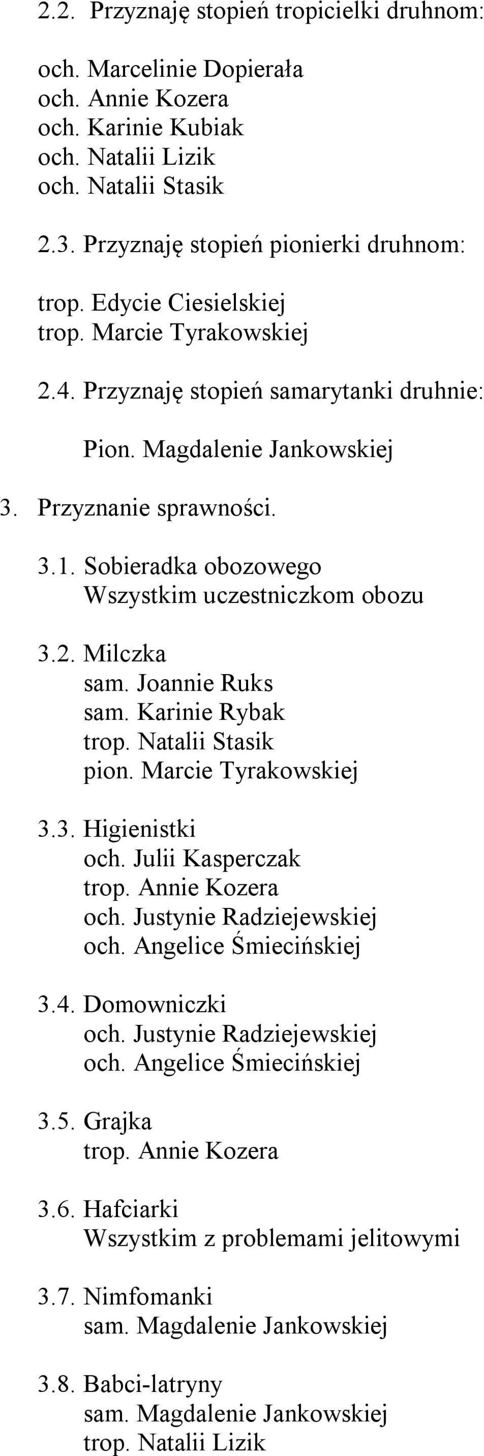 Sobieradka obozowego Wszystkim uczestniczkom obozu 3.2. Milczka sam. Joannie Ruks sam. Karinie Rybak trop. Natalii Stasik pion. Marcie Tyrakowskiej 3.3. Higienistki och. Julii Kasperczak trop.