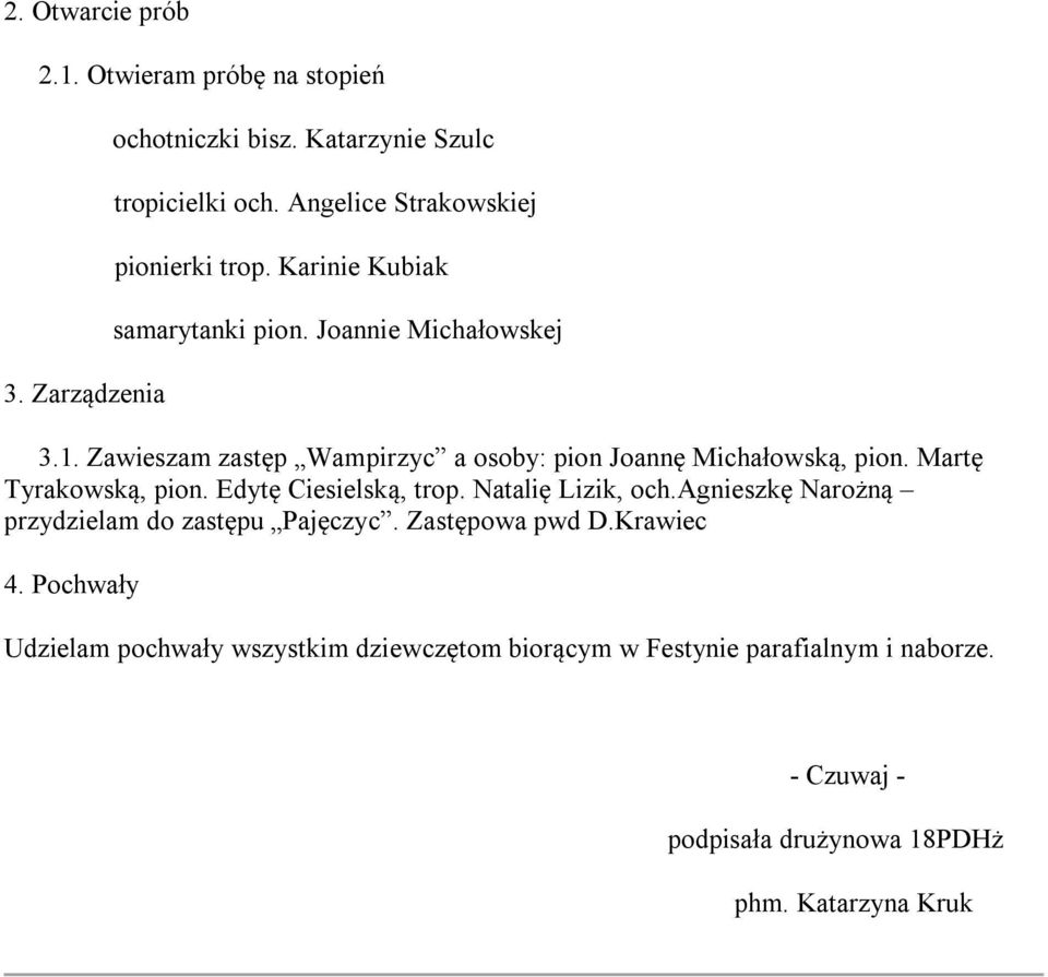 Zawieszam zastęp Wampirzyc a osoby: pion Joannę Michałowską, pion. Martę Tyrakowską, pion. Edytę Ciesielską, trop. Natalię Lizik, och.