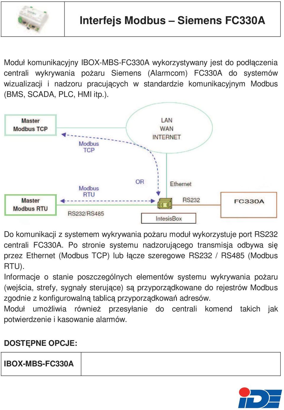 Po stronie systemu nadzorującego transmisja odbywa się przez Ethernet (Modbus TCP) lub łącze szeregowe RS232 / RS485 (Modbus RTU).