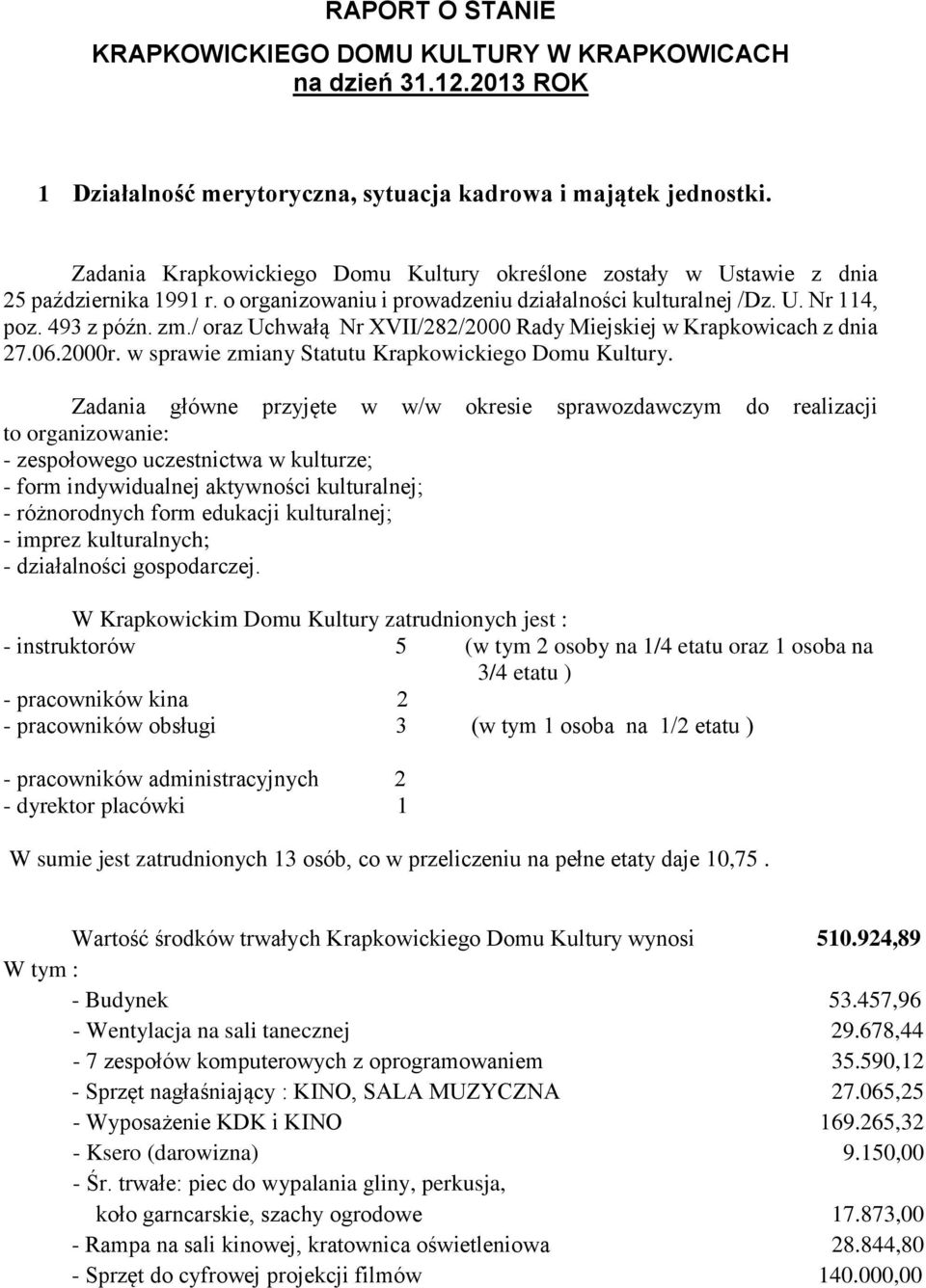 / oraz Uchwałą Nr XVII/282/2000 Rady Miejskiej w Krapkowicach z dnia 27.06.2000r. w sprawie zmiany Statutu Krapkowickiego Domu Kultury.