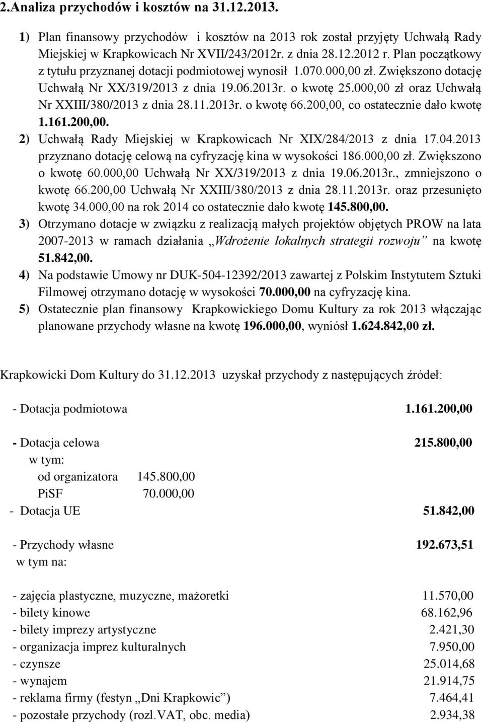 000,00 zł oraz Uchwałą Nr XXIII/380/2013 z dnia 28.11.2013r. o kwotę 66.200,00, co ostatecznie dało kwotę 1.161.200,00. 2) Uchwałą Rady Miejskiej w Krapkowicach Nr XIX/284/2013 z dnia 17.04.