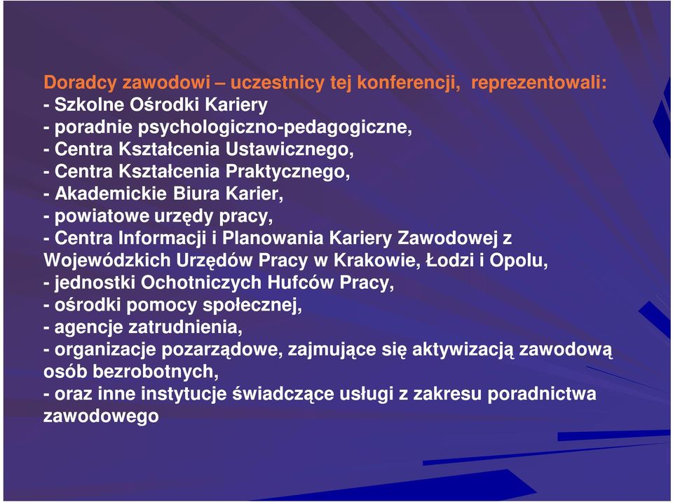 Kariery Zawodowej z Wojewódzkich Urzędów Pracy w Krakowie, Łodzi i Opolu, - jednostki Ochotniczych Hufców Pracy, - ośrodki pomocy społecznej, - agencje