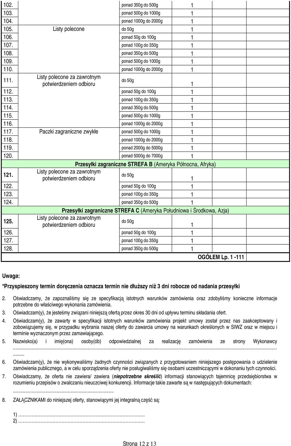 ponad 500g do 1000g 1 116. ponad 1000g do 2000g 1 117. Paczki zagraniczne zwykłe ponad 500g do 1000g 1 118. ponad 1000g do 2000g 1 119. ponad 2000g do 5000g 1 120.