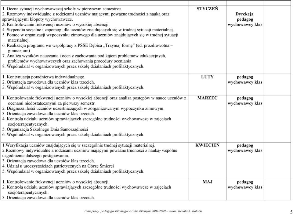 Pomoc w organizacji wypoczynku zimowego dla uczniów znajdujących się w trudnej sytuacji materialnej. 6. Realizacja programu we współpracy z PSSE Dębica Trzymaj formę (ed. prozdrowotna 7.