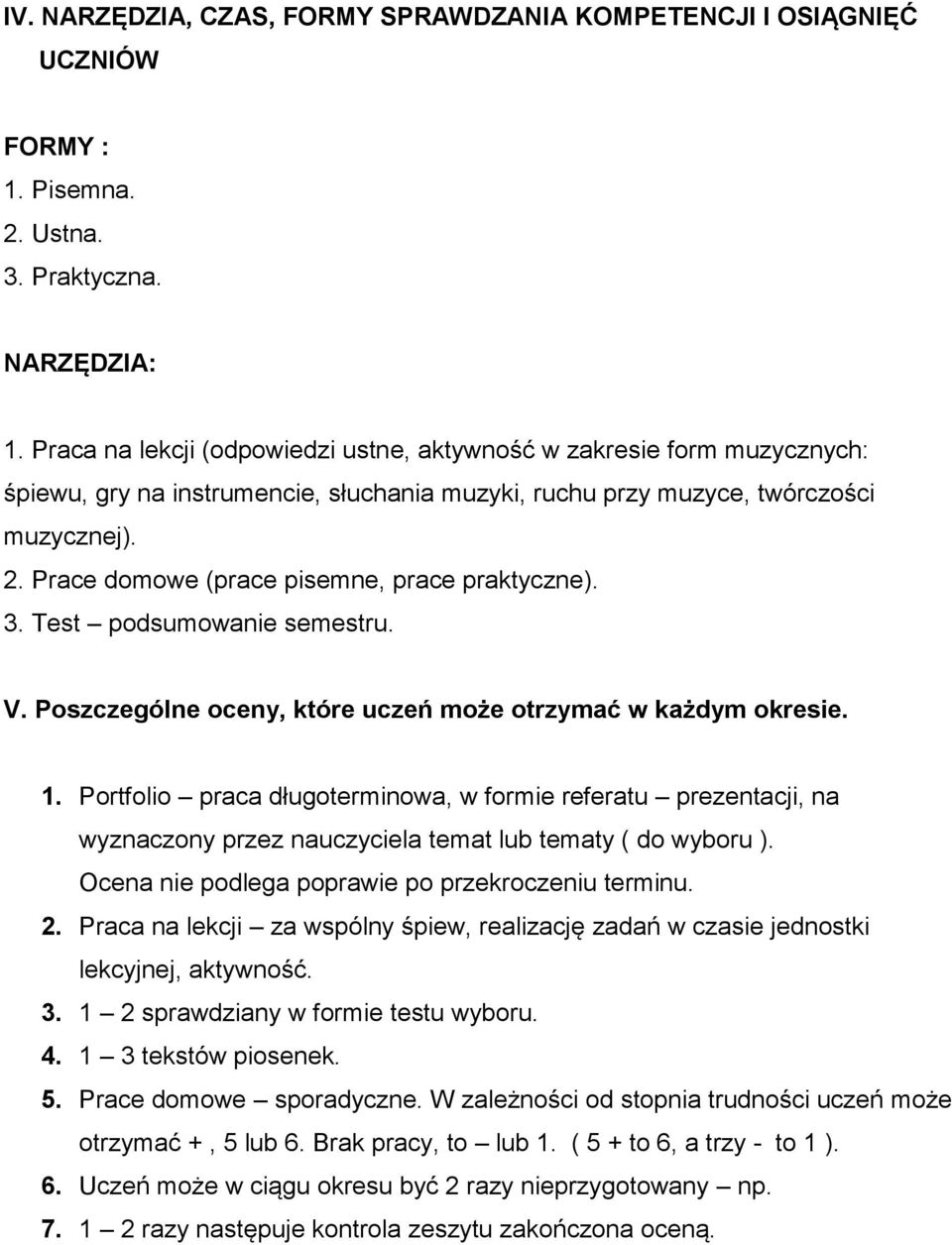 Prace domowe (prace pisemne, prace praktyczne). 3. Test podsumowanie semestru. V. Poszczególne oceny, które uczeń może otrzymać w każdym okresie. 1.