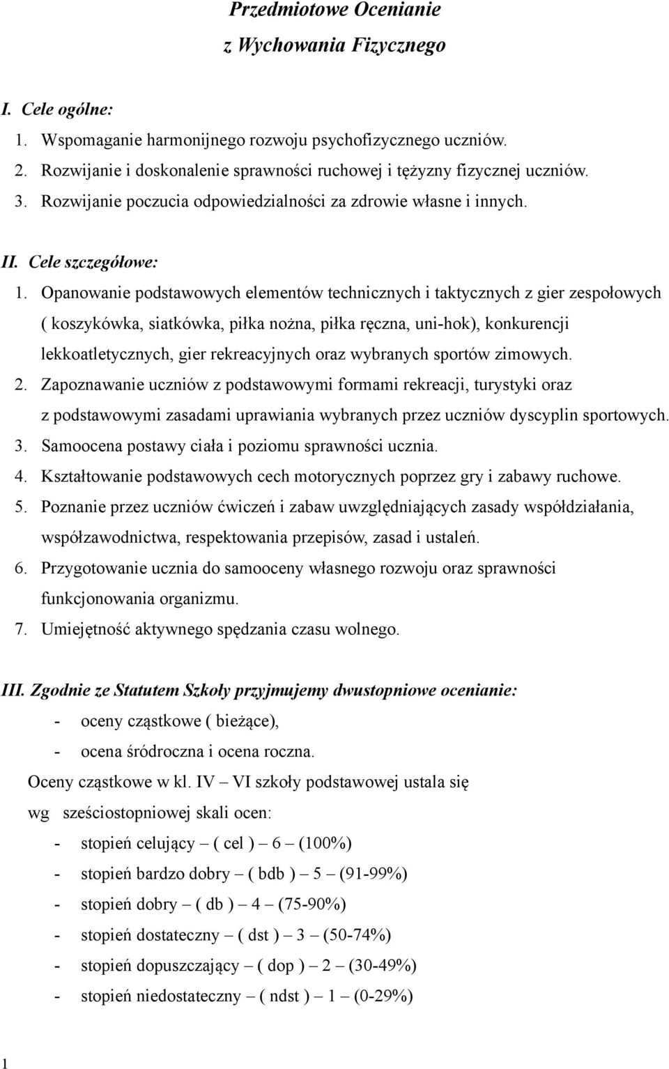 Opanowanie podstawowych elementów technicznych i taktycznych z gier zespołowych ( koszykówka, siatkówka, piłka nożna, piłka ręczna, uni-hok), konkurencji lekkoatletycznych, gier rekreacyjnych oraz