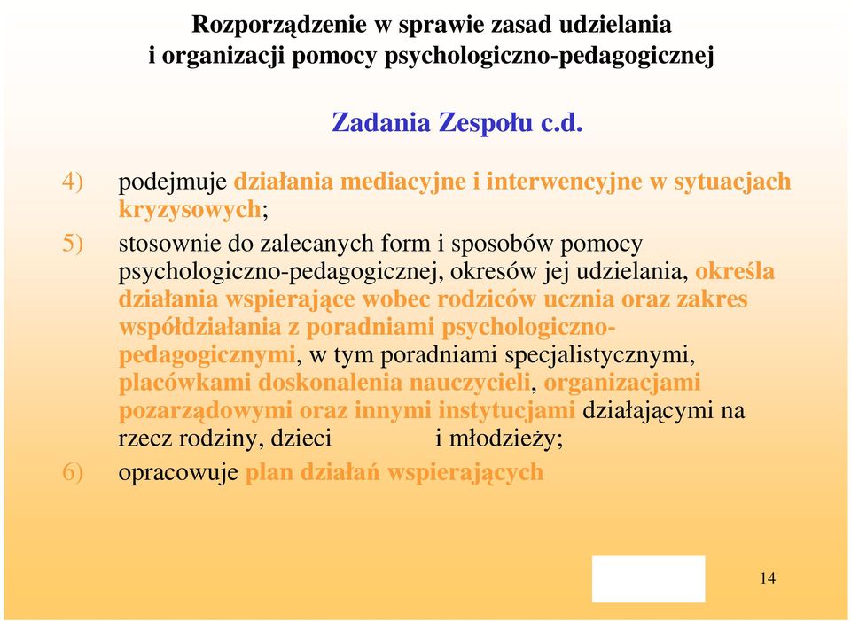 udzielania i organizacji pomocy psychologiczno-pedagogicznej Zadania Zespołu c.d. 4) podejmuje działania mediacyjne i interwencyjne w sytuacjach kryzysowych;